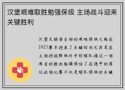 汉堡艰难取胜勉强保级 主场战斗迎来关键胜利 汉堡艰难取胜勉强保级 主场战斗迎来关键胜利